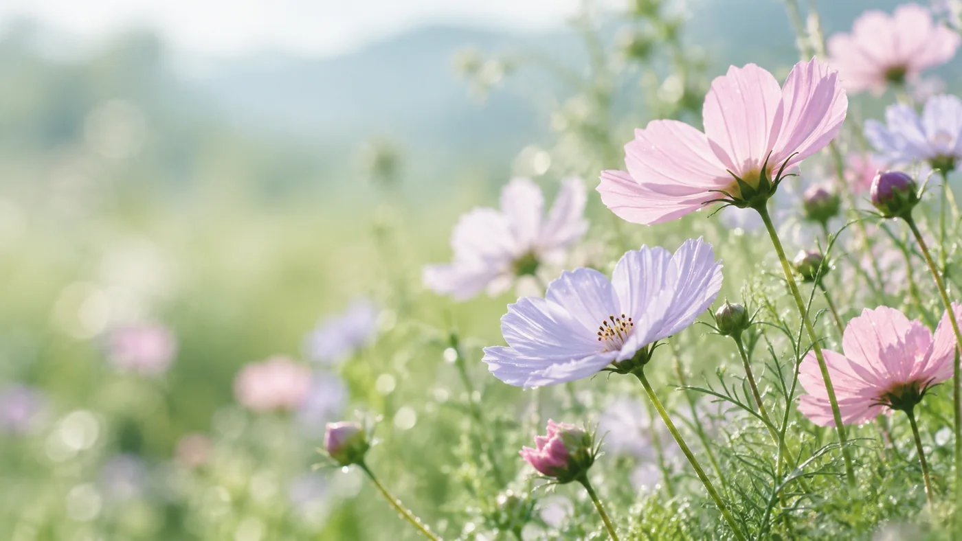 Zarte rosa und lilafarbene Blüten in einer grünen Wiese – symbolisches Naturmotiv